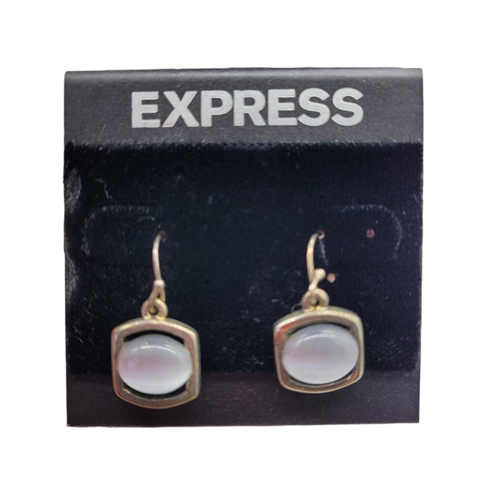 Express Silver Tone White Cat's Eye Drop Dangle Earrings New On Card